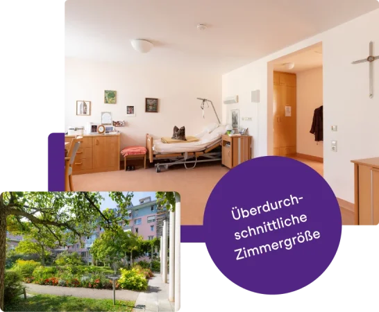 Fotocollage mit ger&auml;umigem Zimmer und Gartenanlage
