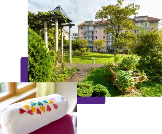 Collage mit Gartenanlage und gem&uuml;tlichem Stuhl