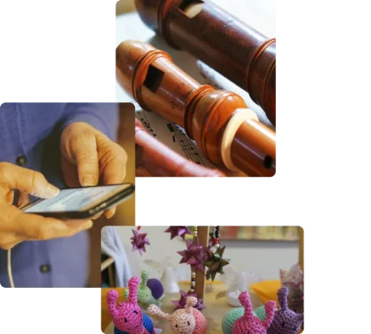Fotocollage mit Handy, Blockflöte und Gehäkeltem