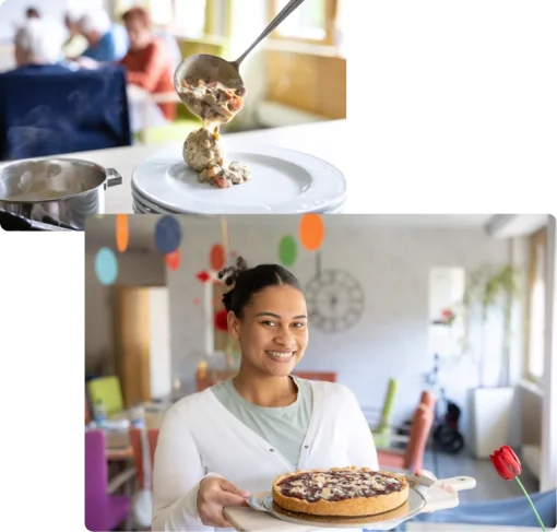 Collage mit frisch gebackenem Kuchen und einem Knödel